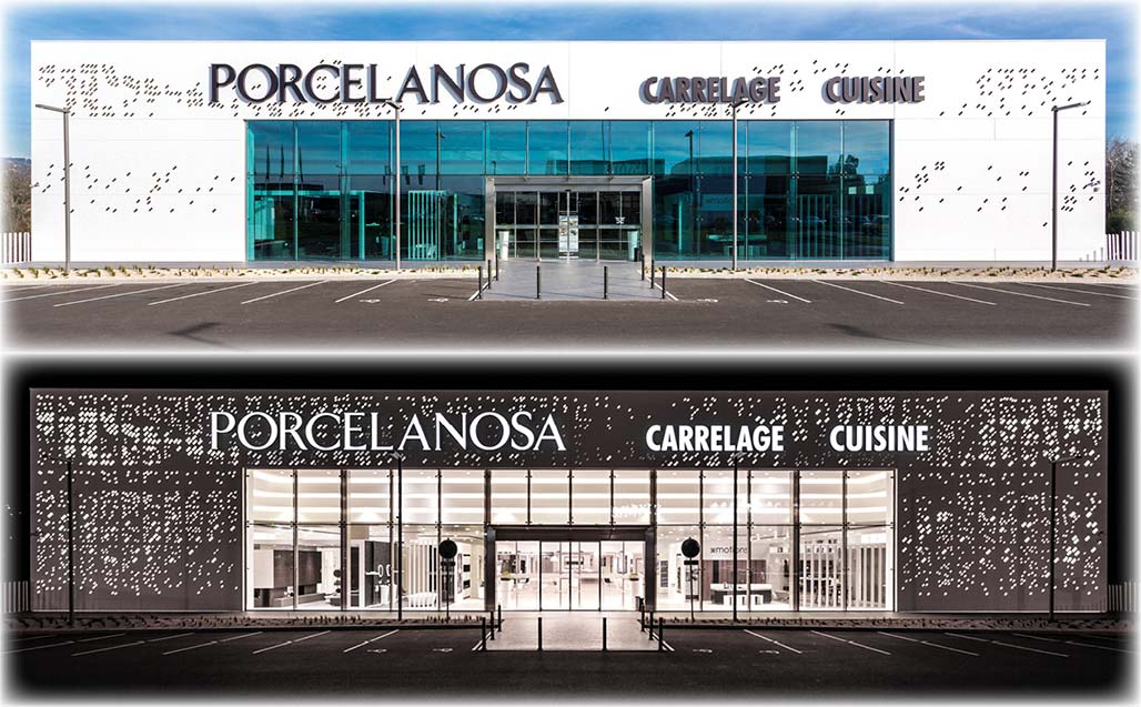 An ideal combination of Butech and KRION for the pixelated facade at PORCELANOSA, Lyon (France)