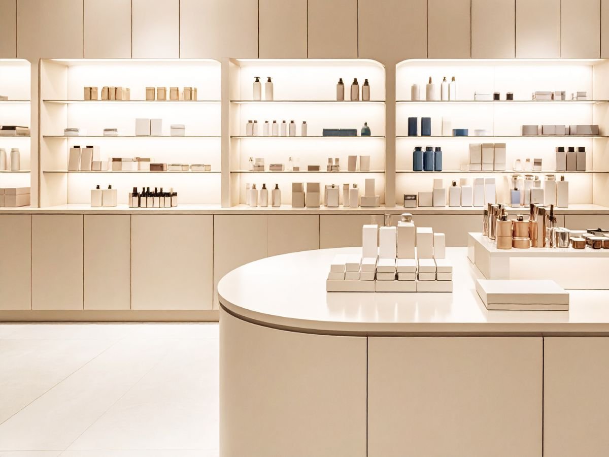 Interior de tienda minimalista con productos en tonos cálidos y naturales, paleta terracota y tierra