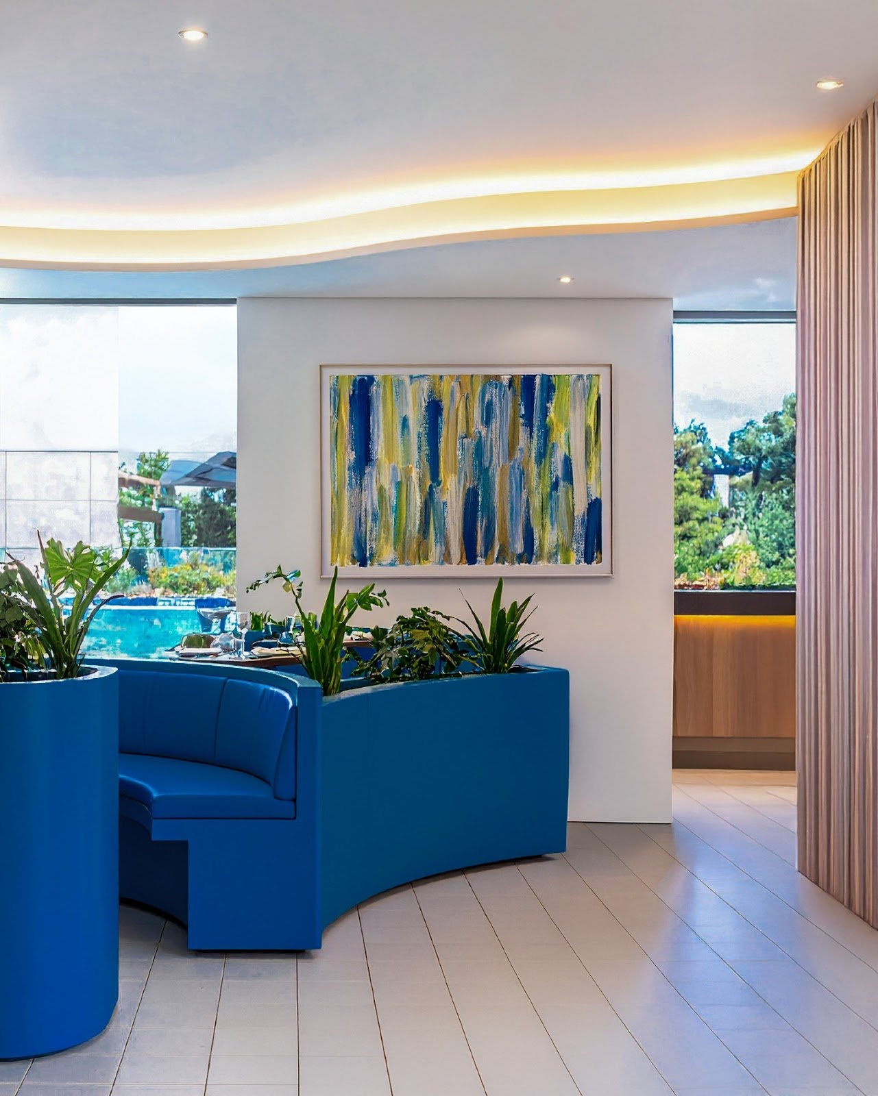Interior contemporáneo con colores intensos y vibrantes, protagonismo del azul y tonos transformadores