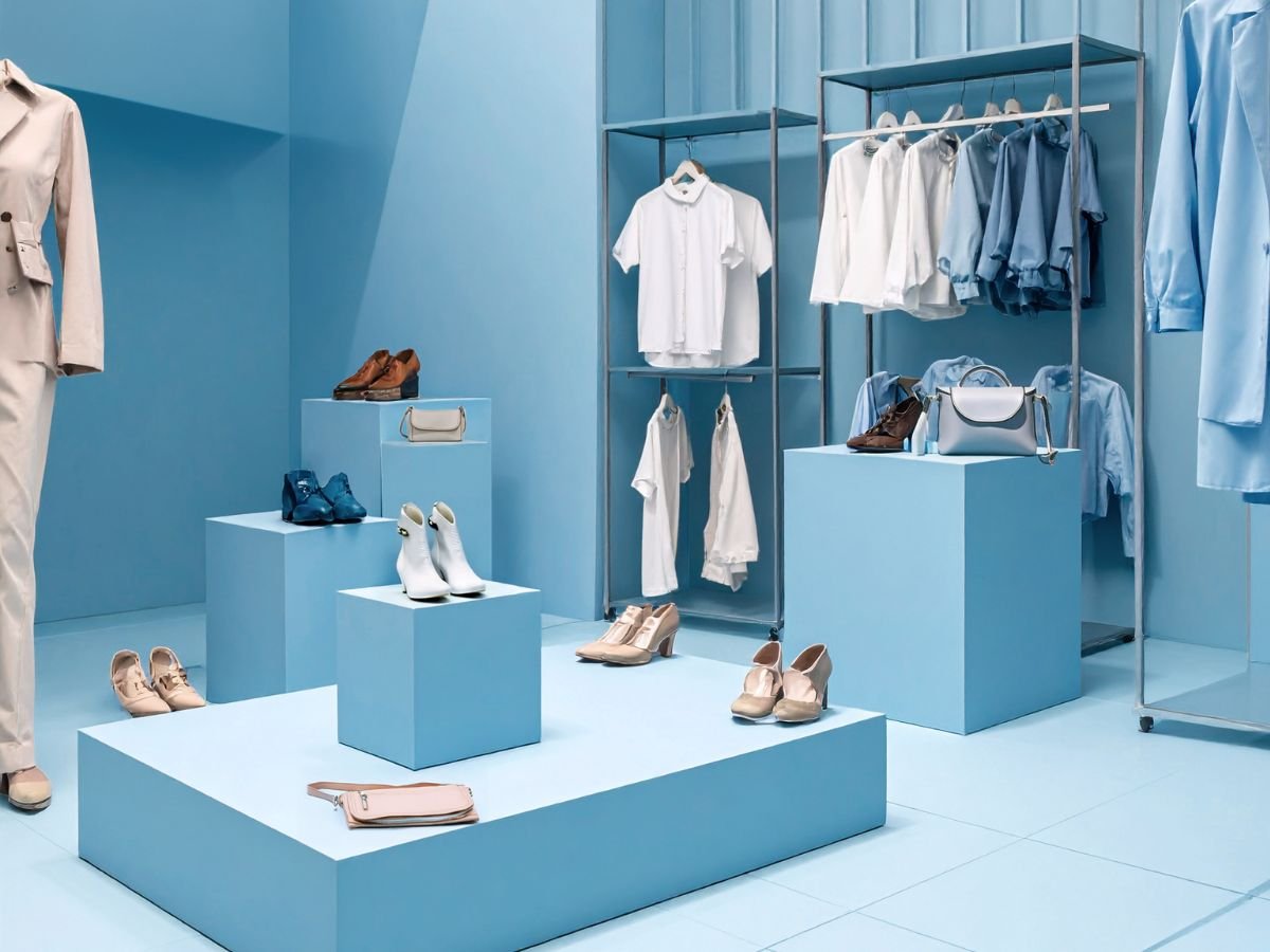 Interior comercial en tonos azules que amplifican la percepción del espacio y la luminosidad